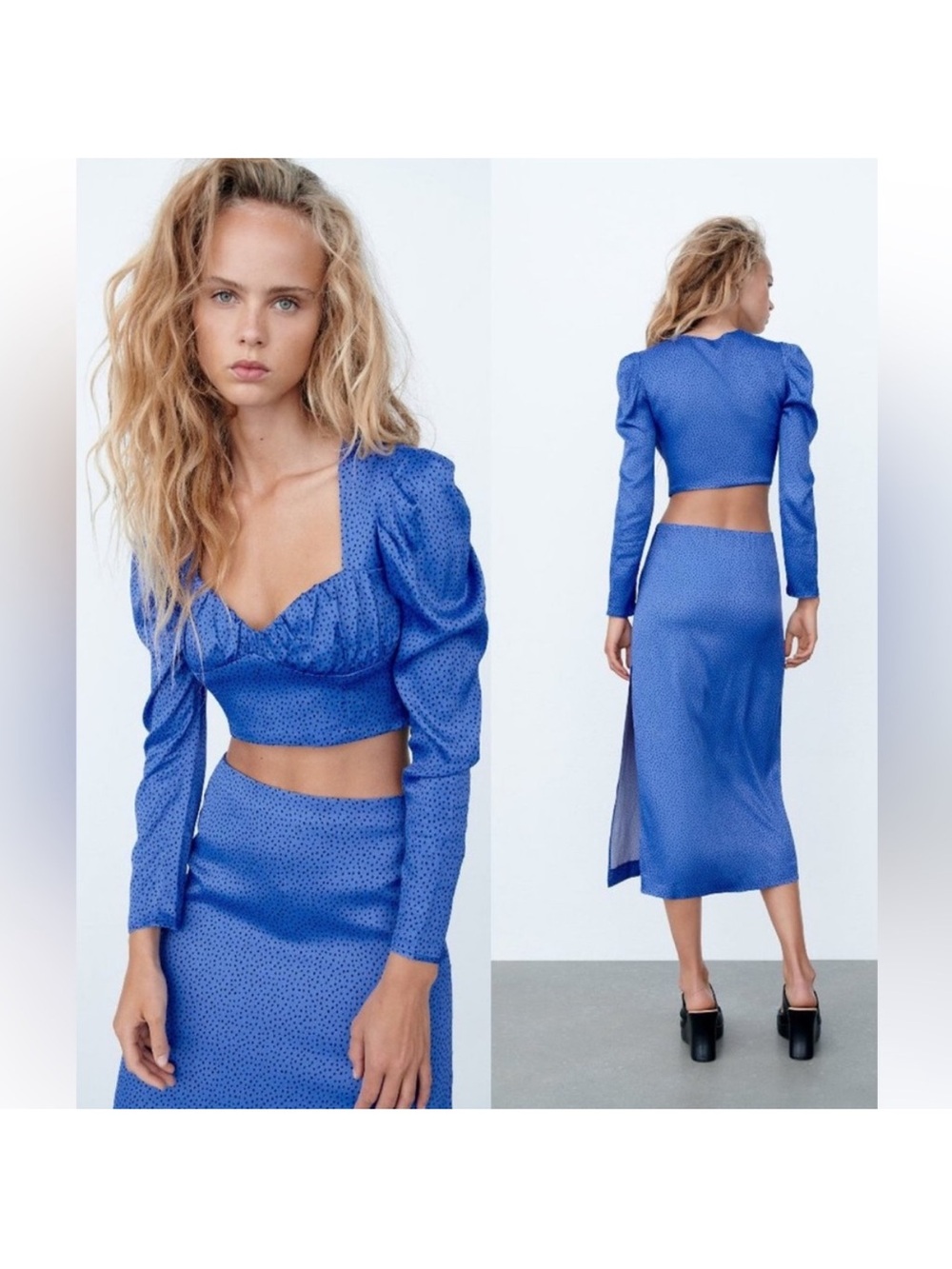 Zara Electric Blue Puff-Sleeve Satin Midi Skirt